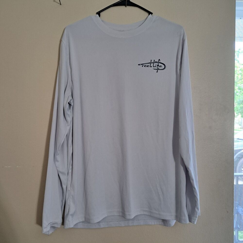 Reel Life Mens White Graphic Fishing Long Sleeve Polyester T Shirt Size L - Picture 2 of 8